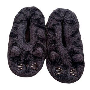 Etam Cat Slippers Kitten Whiskers Fuzzy Cozy Warm Black Women's Size 6.5-7.5 US
